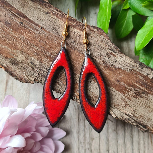 Handmade ceramic earrings deep red leaf