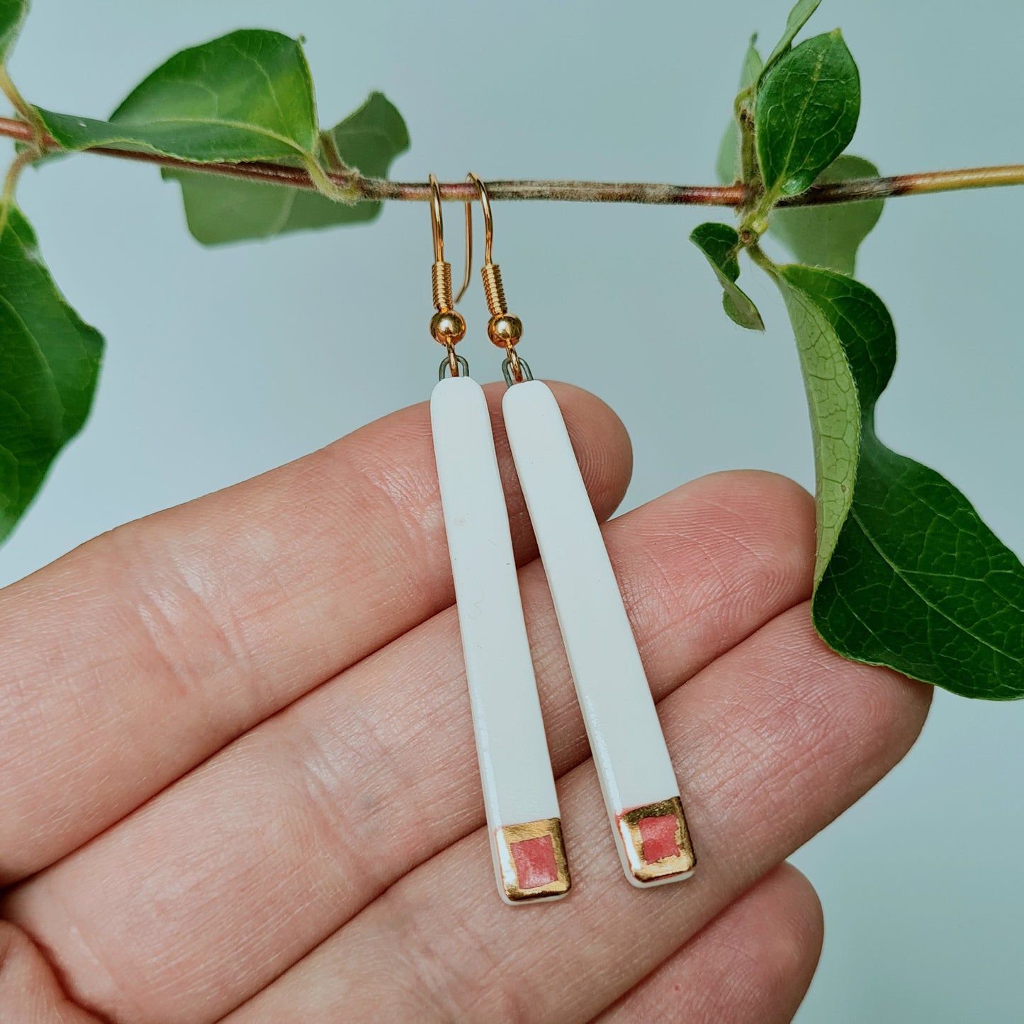Handmade ceramic earrings with 24c gold rectangular with pink detail
