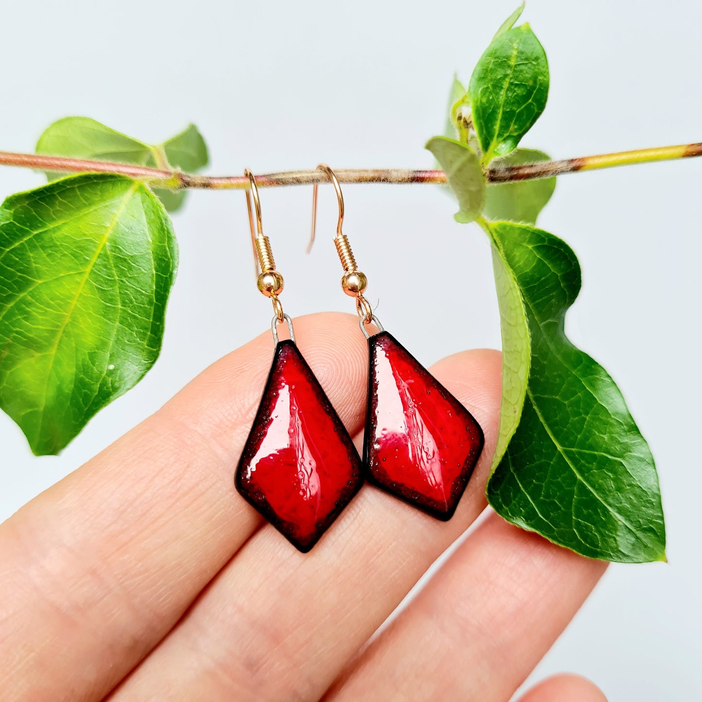 Handmade ceramic deep red diamond shaped dangle earrings