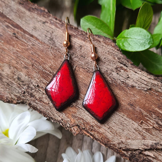 Handmade ceramic deep red diamond shaped dangle earrings