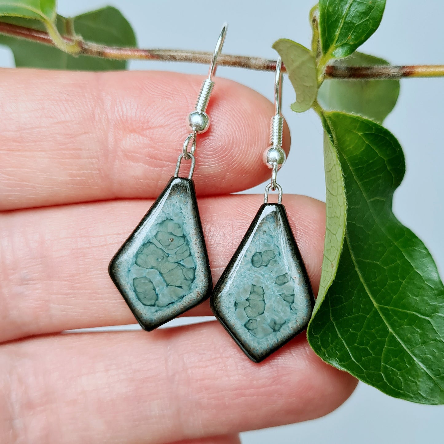 Handmade ceramic grey blue mottled dangle earrings