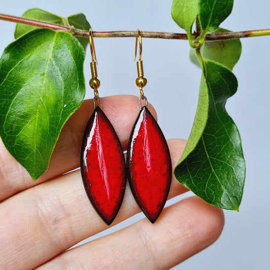 Handmade ceramic red leaf dangle earrings