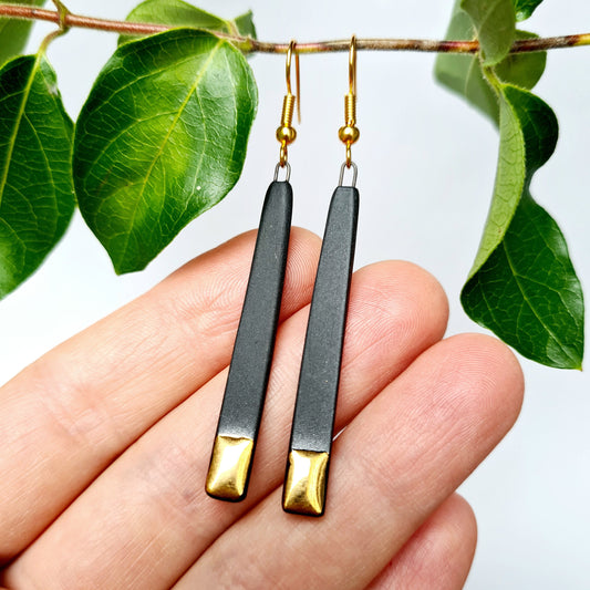 Handmade ceramic earrings with 24c gold black rectangular gloss gold