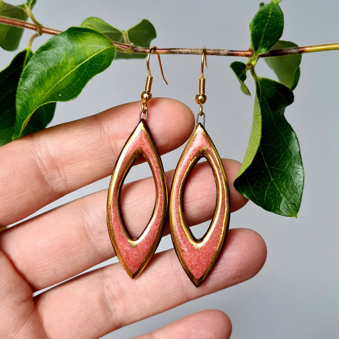 Handmade ceramic earrings with 24c gold (salmon pink)