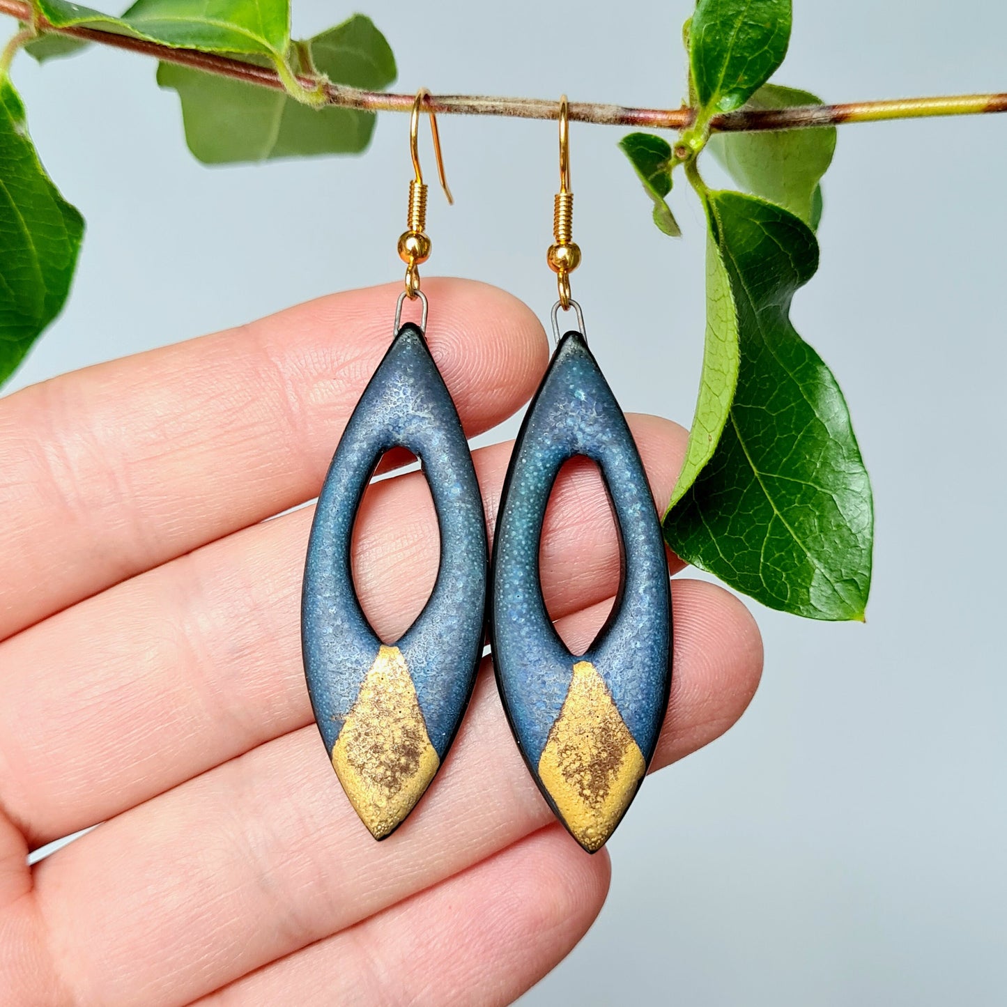 Handmade blue ceramic earrings with 24c matt gold leaf
