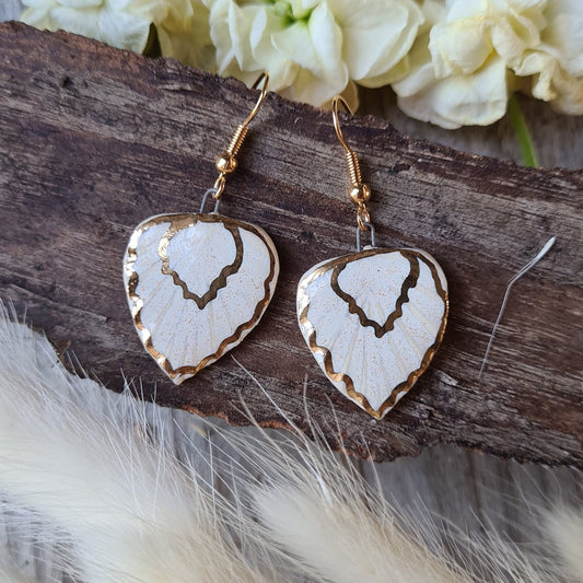 Handmade ceramic white leaf shaped earrings with 24c gold detailing