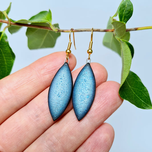 Handmade ceramic blue leaf dangle earrings