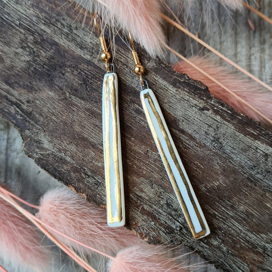 Handmade white ceramic earrings with 24c gold elegant jewellery rectangular
