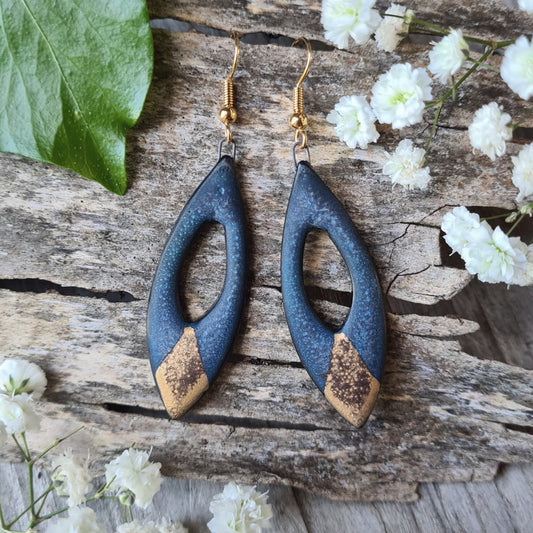 Handmade blue ceramic earrings with 24c matt gold leaf