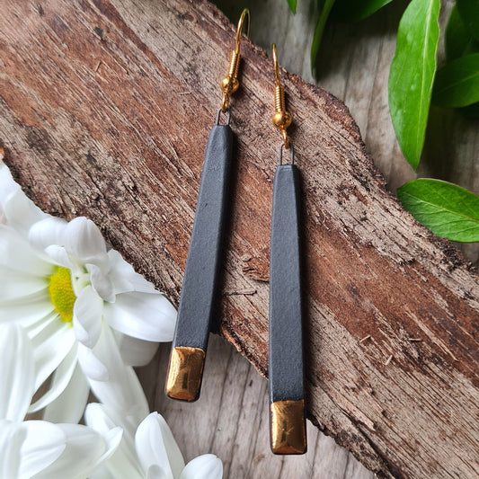 Handmade ceramic earrings with 24c gold black rectangular gloss gold