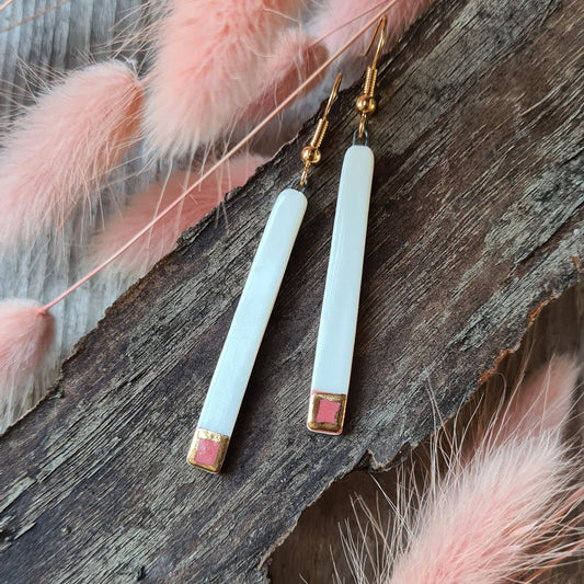 Handmade ceramic earrings with 24c gold rectangular with pink detail