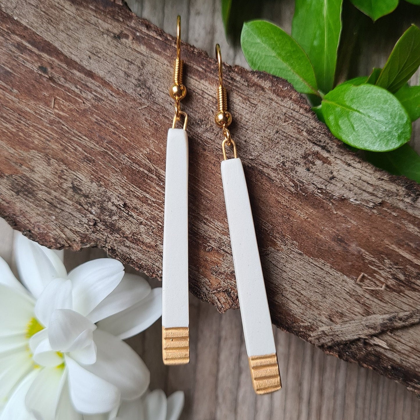 Handmade ceramic earrings with 24c gold rectangular matt gold