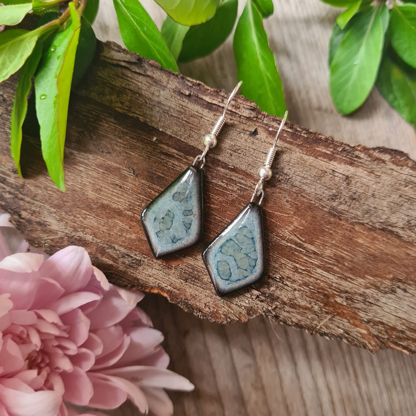 Handmade ceramic grey blue mottled dangle earrings
